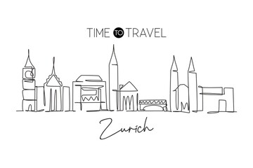 Single continuous line drawing of Zurich city skyline, Switzerland. Famous skyscraper landscape postcard. World travel concept home wall decor poster. Modern one line draw design vector illustration