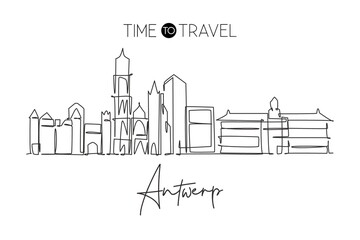 One continuous line drawing of Antwerp city skyline, Belgium. Beautiful skyscraper. World landscape tourism travel vacation wall decor poster print. Stylish single line draw design vector illustration