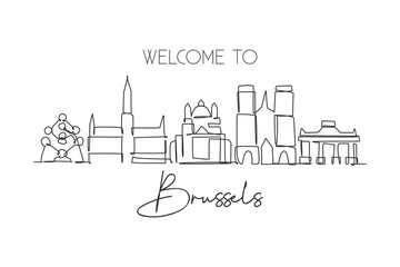 Fototapeta na wymiar One single line drawing of Brussels city skyline, Belgium. Historical skyscraper landscape in world. Best holiday destination home wall decor. Trendy continuous line draw design vector illustration