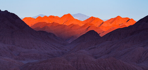 Eroded landscape in the Desierto del Diablo in the Los Colorados area, in the town of Tolar Grande in the province of Salta in La Puna Argentina. Argentina, South America, America