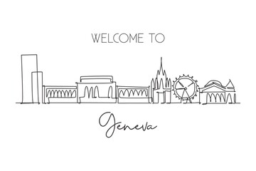 Single continuous line drawing of Geneva city skyline, Switzerland. Famous skyscraper landscape postcard. World travel wall decor poster print concept. Modern one line draw design vector illustration