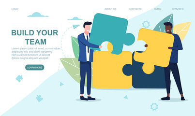 Assemble your team concept with two diverse businessmen connecting puzzle pieces. Web page template. Flat vector illustration