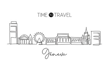 Obraz premium One single line drawing of Geneva city skyline, Switzerland. Historical landscape in world. Best holiday destination wall decor poster. Editable trendy continuous line draw design vector illustration