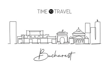 Naklejka premium One continuous line drawing of Bucharest city skyline, Romania. Beautiful landmark. World landscape tourism and travel vacation. Editable stylish stroke art single line draw design vector illustration