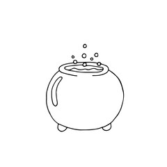 Potion cauldron. Witchcraft. Halloween. Vector hand-drawn doodle illustration. Black and white outline.