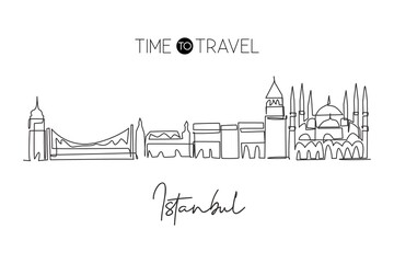 Naklejka premium One continuous line drawing of Istanbul city skyline, Turkey. Beautiful landmark. World landscape tourism travel vacation poster. Editable stylish stroke single line draw design vector illustration