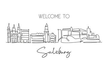 Single continuous line drawing of Salzburg city skyline, Austria. Famous city scraper landscape. World travel wall decor home art poster print concept. Modern one line draw design vector illustration - obrazy, fototapety, plakaty