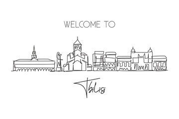 Naklejka premium One single line drawing of Tbilisi city skyline, Georgia. Historical town landscape in the world. Best holiday destination print. Editable stroke trendy continuous line draw design vector illustration