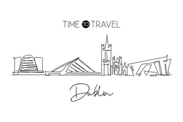 Single continuous line drawing of Dublin city skyline, Republic of Ireland. Famous landscape. World travel concept home wall decor poster print art. Modern one line draw design vector illustration - obrazy, fototapety, plakaty