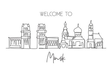 Single continuous line drawing of Minsk city skyline, Belarus. Famous city scraper and landscape home wall decor poster print art. World travel concept. Modern one line draw design vector illustration