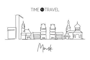 One single line drawing of Minsk city skyline, Belarus. Historical town landscape in world. Best holiday destination wall decor. Editable stroke trendy continuous line draw design vector illustration