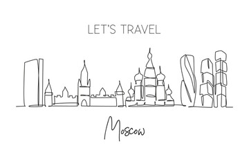 Fototapeta na wymiar One single line drawing of Moscow city skyline, Russia. Historical town landscape in world. Best holiday destination wall decor. Editable stroke trendy continuous line draw design vector illustration