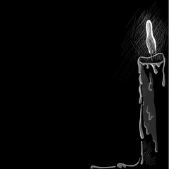 A candle burns and drops of wax are dripping down it, it is painted in white, isolated on a black background. There is a place for your text. Stock vector illustration.