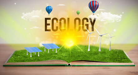 Open book with ECOLOGY inscription, renewable energy concept