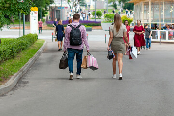 people spending weekend shopping, walking and meeting friends in cafe outdoors - Moscow, July 2020