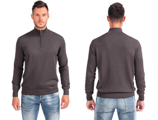Man in grey sweatshirt on white background. Front view, back view