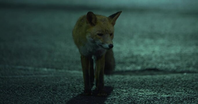 Urban fox tame vixen night time street light walking near car
