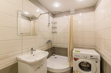 Russia, Moscow- April 10, 2020: interior room apartment modern bright cozy atmosphere. general cleaning, home decoration, preparation of house for sale. bathroom, sink, decor elements, toilet