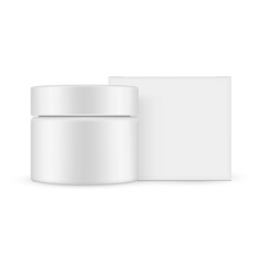 Jar with square paper box mockup isolated on white background, front view. Vector illustration