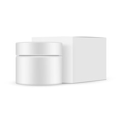 Jar and square box mockup with side view, isolated on white background. Vector illustration