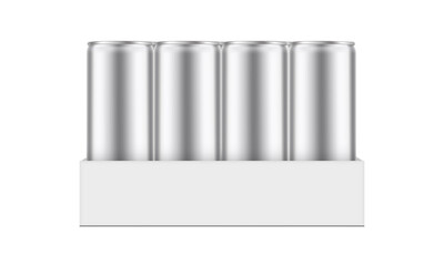 Box pack with aluminium cans mockup, isolated on white background, front view. Vector illustration
