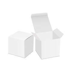 Square gift boxes mockups with open and closed lid, isolated on white background. Vector illustration