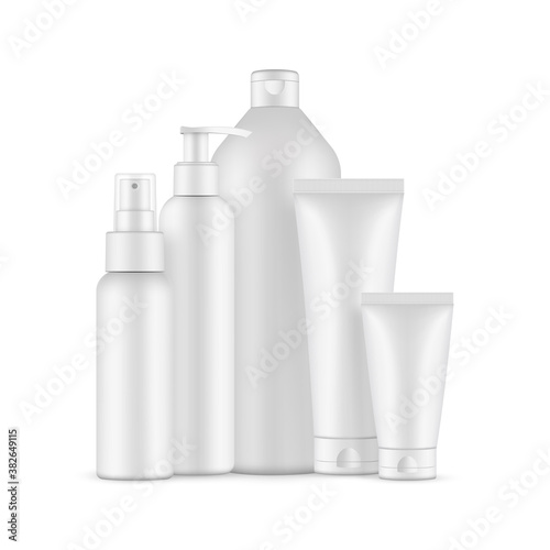 Download Blank Cosmetic Packaging Mockup Pump And Spray Bottles Big Bottle For Shampoo Small And High Tubes Vector Illustration Wall Mural Evz