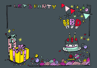 Cake and gift box bright lines gray background