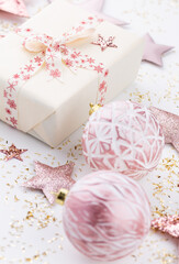 New Year celebration and Christmas background, Christmas decorations top view.