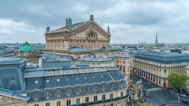 Timelapse of classic roof top view in the center of Paris. View from the observation deck of the gallery La Fayette Paris from the height, in a cloudy rainy automn day