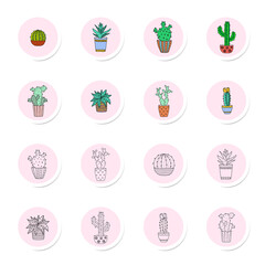 Set of round icons of cactuses and flowers and home plant in pots.Vector illustration of a flat design.