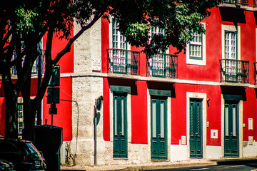 View of the facade of a building in the downtown of Lisbon in Portugal
