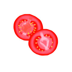 Different slices of tomatoes on a white background