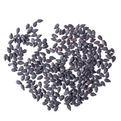 Black organic sesame seeds isolated on white background.