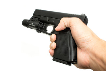 Shooter hand grab on G19 Gen 4th Semi-Auto Pistol attach flashlight, Shooting the 9 mm pistol cartridge.