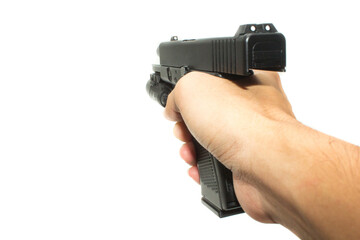 Shooter hand grab on G19 Gen 4th Semi-Auto Pistol attach flashlight, Shooting the 9 mm pistol cartridge.