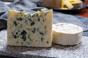 Cheese collection, French semi hard Roquefort blue cheese made from sheep milk in region Roquefort-sur-Soulzon, France