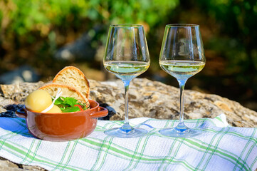 Summer picnic or wine tasting of white wine on vineyards in Lazio, Italy