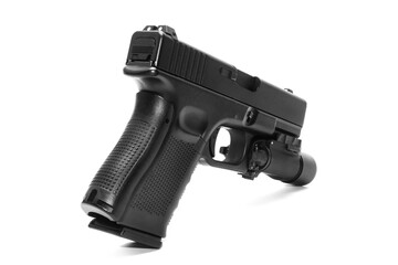 Close - up on G19 Gen 4th Semi-Auto Pistol attach flashlight, Shooting the 9 mm pistol cartridge