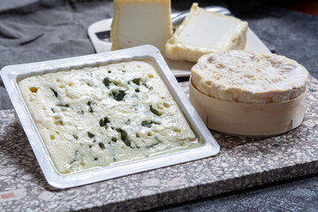 Cheese collection, French cheeses made from goat, cow and sheep melk: semi hard Roquefort blue cheese, soft Chabichou of Poitou and Camembert of Normandy