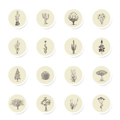 Set of round icons of vintage hand drawn illustrations with cactus and succulents in engraving style. Vector illustration of a flat design.