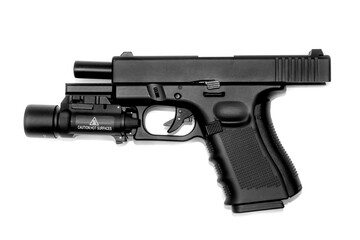 Close - up on G19 Gen 4th Semi-Auto Pistol attach flashlight, Shooting the 9 mm pistol cartridge