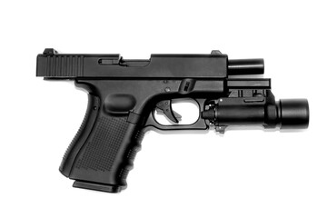 Close - up on G19 Gen 4th Semi-Auto Pistol attach flashlight, Shooting the 9 mm pistol cartridge