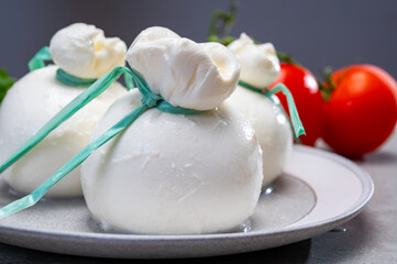 Cheese collection, fresh soft Italian cheese from Puglia, white balls of burrata or burratina cheese made from mozzarella and cream filling