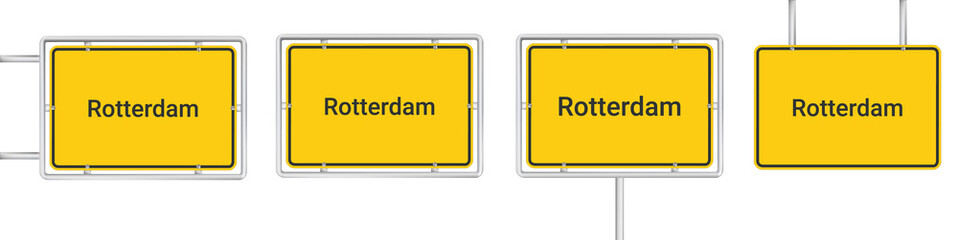 yellow road sign with Rotterdam isolated on white background	
