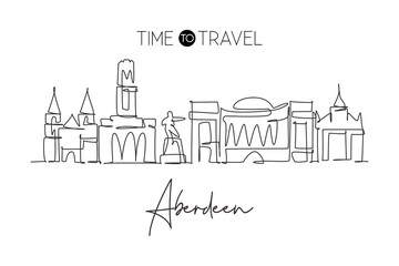 Single continuous line drawing of Aberdeen city skyline, Scotland. Famous city scraper and landscape. World travel concept wall decor poster print art. Modern one line draw design vector illustration