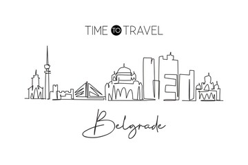 Fototapeta na wymiar One single line drawing of Belgrade city skyline Serbia. Historical town landscape in the world. Best holiday destination poster. Editable stroke trendy continuous line draw design vector illustration