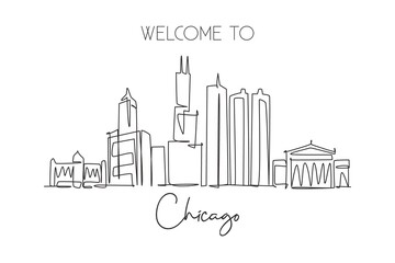Naklejka premium Single continuous line drawing of Chicago city skyline, USA. Famous city scraper and landscape. World travel concept home wall decor poster print art. Modern one line draw design vector illustration
