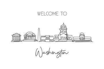 One continuous line drawing of Washington city skyline, United States. Beautiful landmark. World landscape tourism vacation poster print wall decor. Stylish single line draw design vector illustration