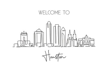 Obraz premium One continuous line drawing Houston city skyline, United States of America. Beautiful landmark. World famous city landscape poster. Editable stylish stroke single line draw design vector illustration